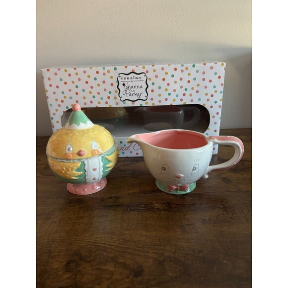 JOHANNA PARKER DESIGN Spring Easter Chick & Bunny Ceramic Sugar & Creamer - Picture 1 of 3